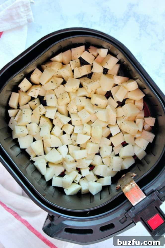 Air Fryer Roasted Potatoes Cooking in Basket Overhead shot of potato chunks in the basket of an air fryer, golden brown and ready to be served.