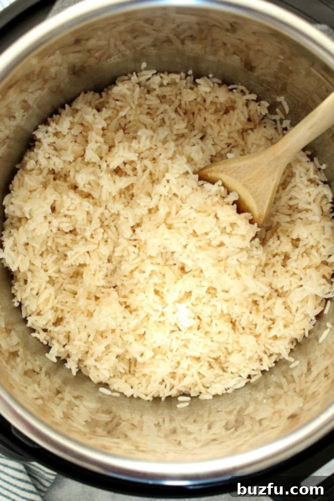 Perfect Instant Pot Rice: Fluffy, Never Sticky. Overhead shot of cooked rice in the Instant Pot.