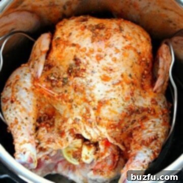 Instant Pot Whole Roasted Chicken, seasoned and raw in the pot.