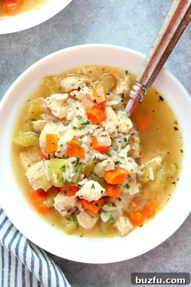Overhead shot of Instant Pot Chicken and Rice Soup served in a white bowl, garnished with fresh parsley.