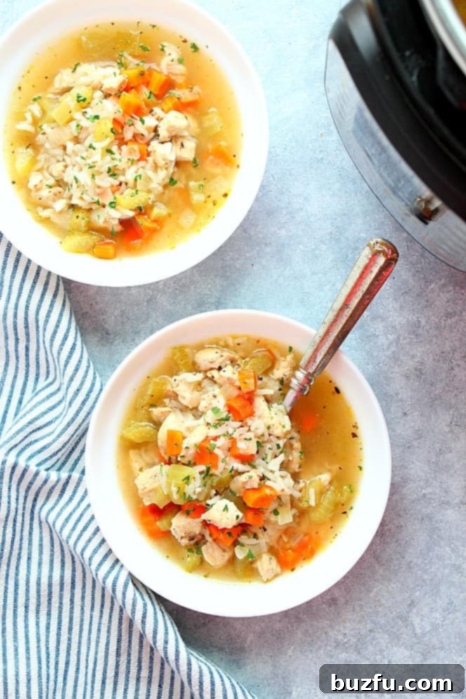 Overhead shot of two bowls of Instant Pot Chicken and Rice Soup, with the Instant Pot in the background.