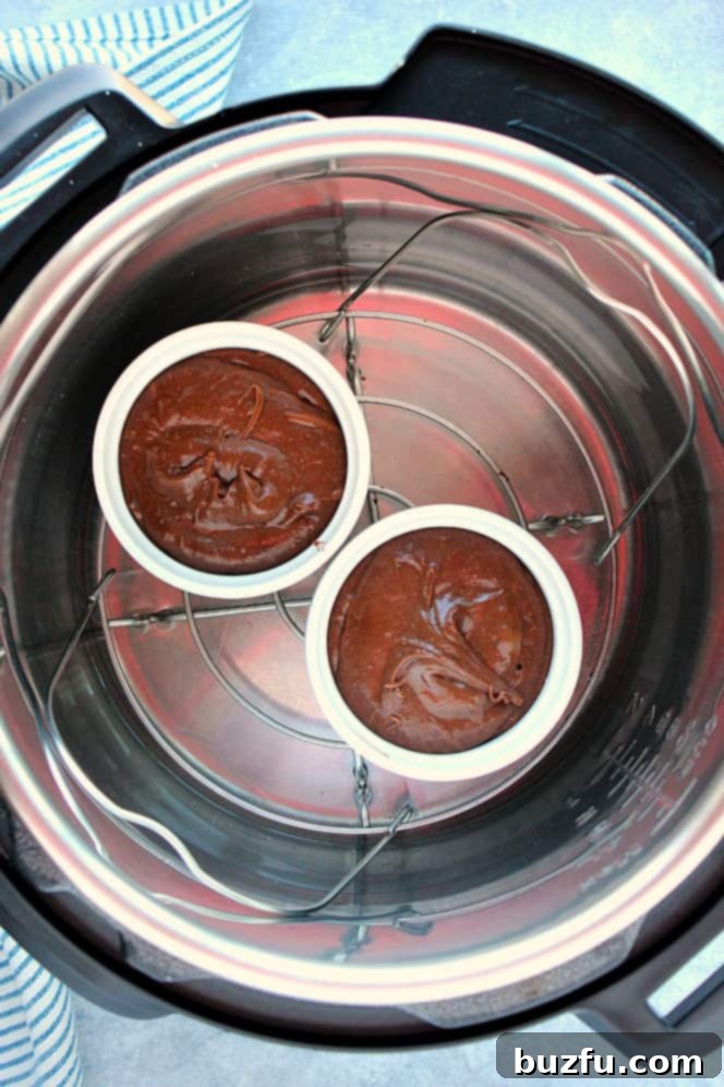 Easy chocolate lava cakes cooked in the Instant Pot. Overhead shot of two ramekins with chocolate cake batter, set on trivet in the Instant Pot.