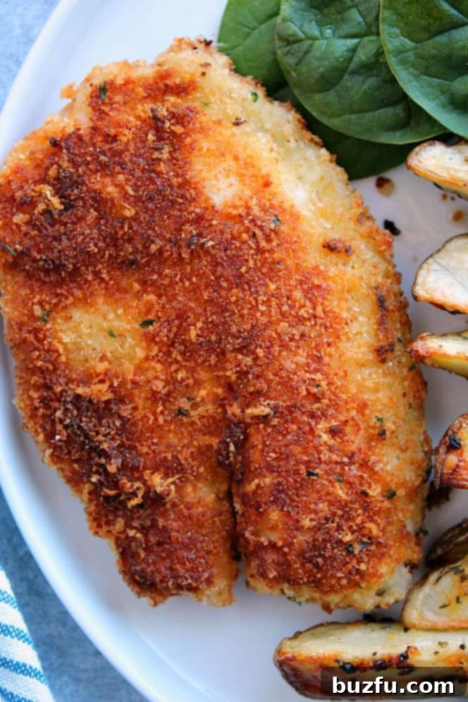Overhead shot of crispy fried tilapia with Parmesan breading, on white plate.