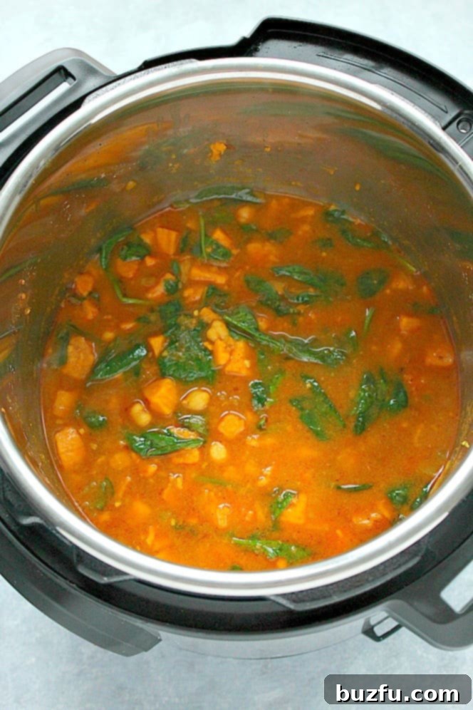 How to make sweet potato curry in the Instant Pot. Overhead shot of sweet potato curry in the Instant Pot.