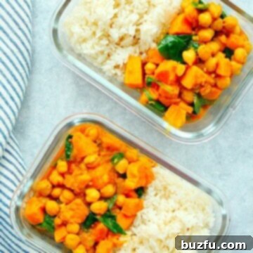 Comforting Instant Pot Sweet Potato Curry 2 Curry with sweet potatoes and rice in meal prep dish.