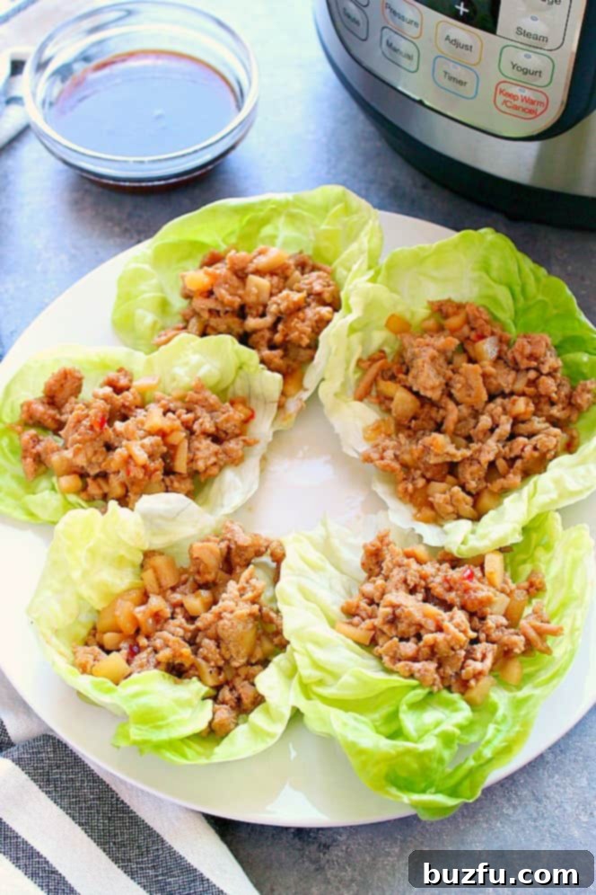 An overhead shot of fresh and vibrant chicken lettuce wraps arranged on a white plate, positioned next to an Instant Pot.