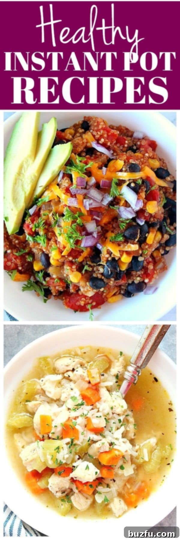 A long photo collage showcasing a diverse range of Healthy Instant Pot Recipes, designed to attract viewers to the full post.