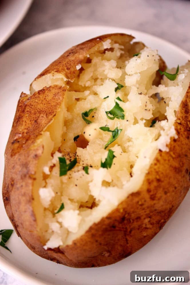 A close-up shot of a perfectly baked potato, sliced in half and ready for toppings, resting on a white plate.