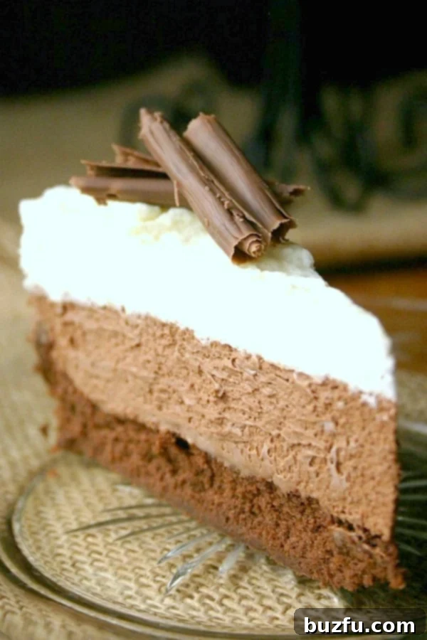 A close-up shot of a perfect slice of Triple Chocolate Mousse Cake, showing the distinct layers and smooth texture.