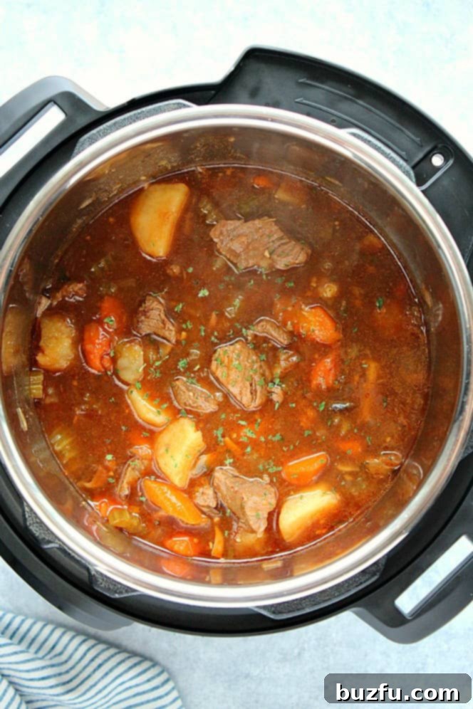 How to make beef stew in the Instant Pot. An overhead shot showing Instant Pot Beef Stew simmering inside the Instant Pot, highlighting its hearty ingredients.