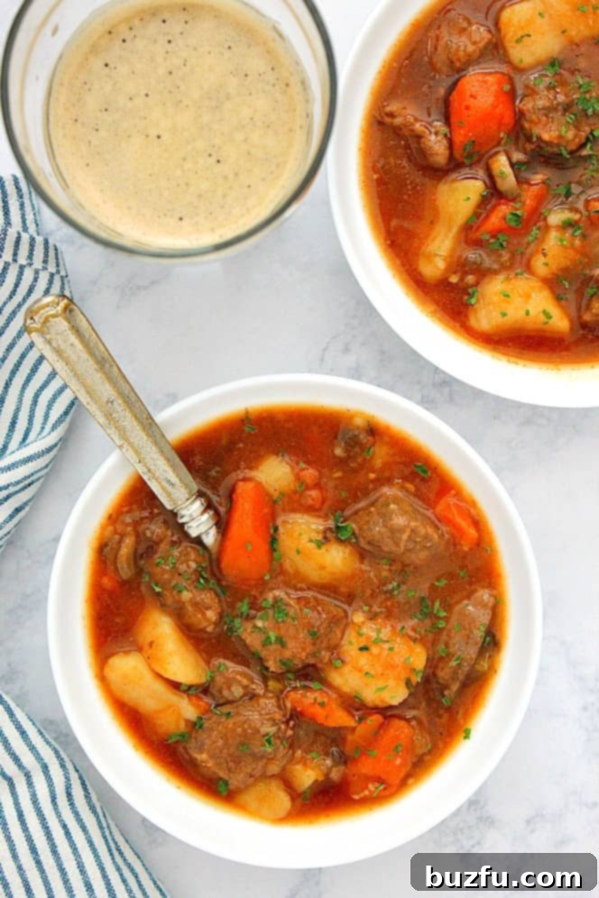 Make the best Instant Pot Beef Stew with tender meat and vegetables. Two bowls of perfectly cooked Instant Pot beef stew, garnished and ready to be served, showcasing the tender meat and vegetables.