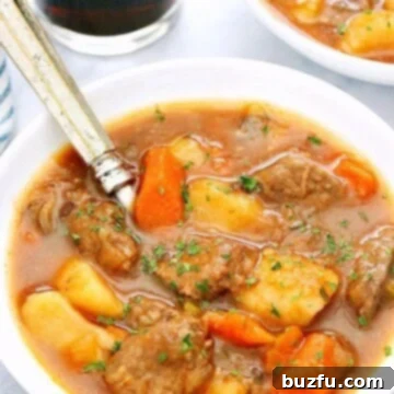 Hearty Pressure Cooker Beef Stew 2 Instant Pot Beef Stew in a white bowl with spoon.