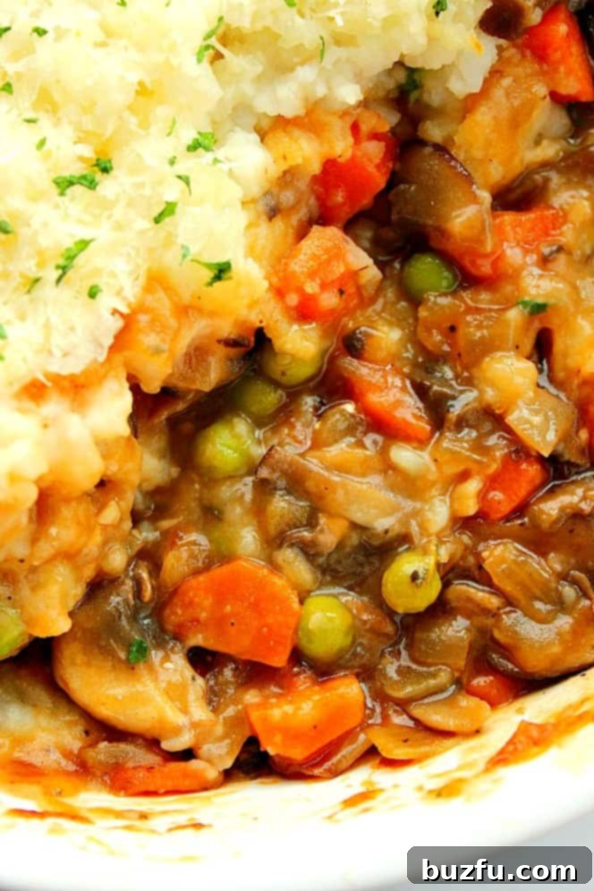A close-up shot revealing the rich, deep brown mushroom and vegetable gravy peeking from under a swirl of creamy mashed potatoes in a Shepherd's Pie.