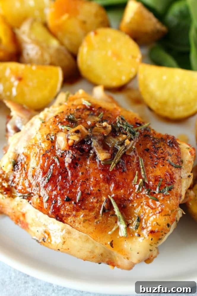 Close up shot of roasted chicken thigh on plate with baby potatoes on the side.