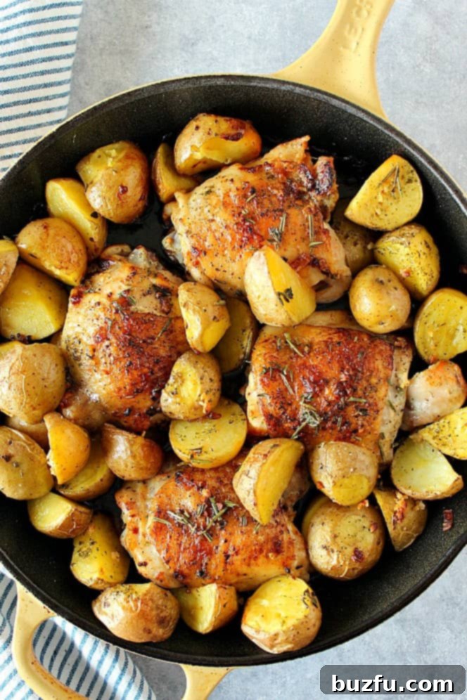 Overhead shot of garlic and herb chicken thighs with potatoes in skillet.