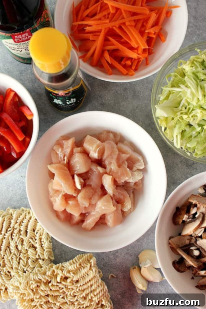 A colorful array of fresh ingredients laid out for chicken yakisoba, including sliced chicken, bell peppers, carrots, cabbage, mushrooms, and uncooked noodles, ready for preparation.
