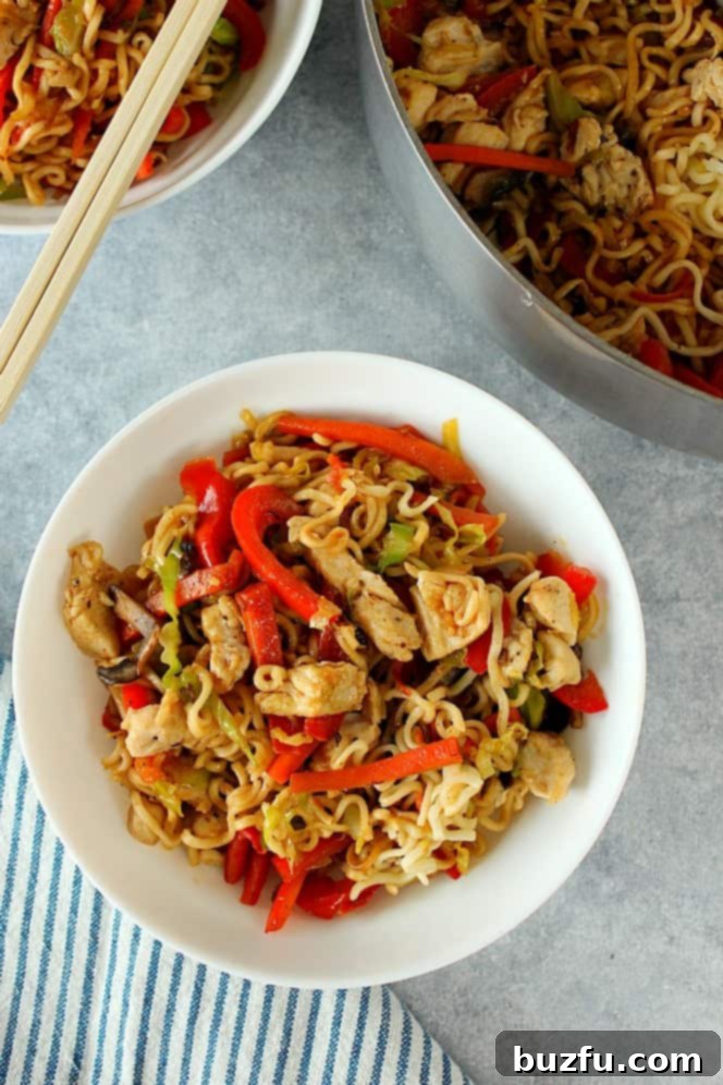 A close-up shot of a bowl filled with freshly made chicken yakisoba, alongside a saucepan containing more noodles, showcasing the rich texture and colorful mix of the dish.