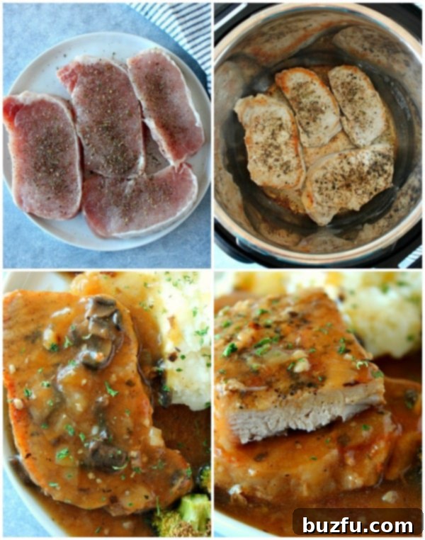 Photo collage with steps to make pork chops with gravy in the Instant Pot.