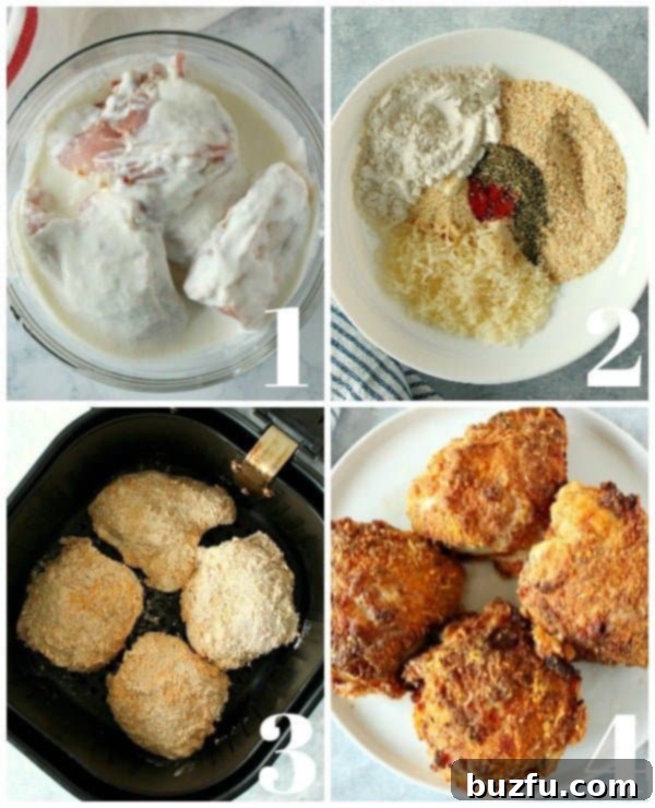 Air-Fried Crispy Chicken Perfection 2 Four photos of steps of making fried chicken in the air fryer.