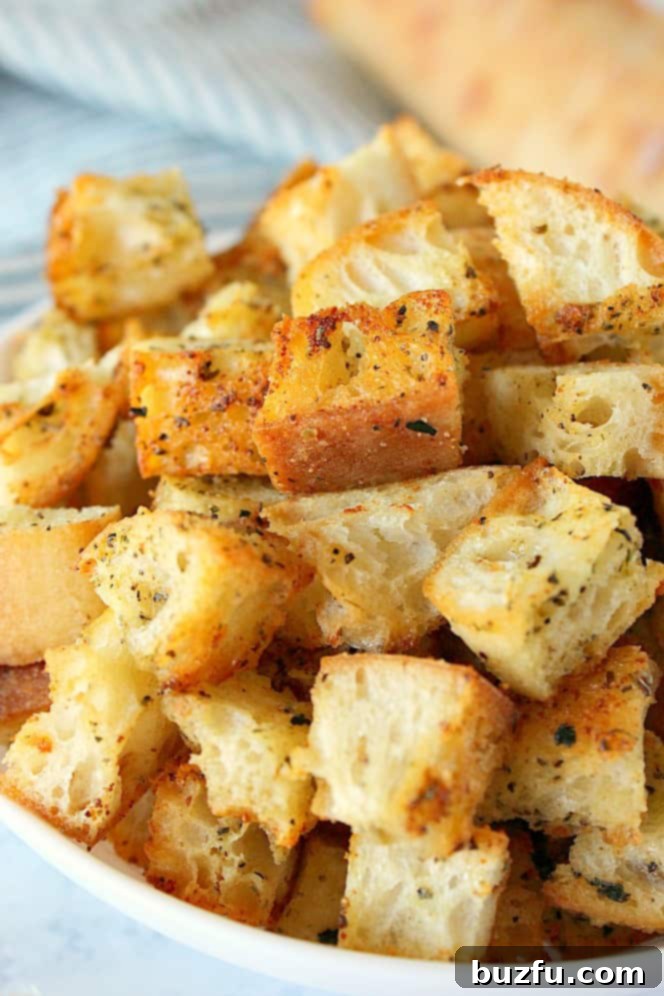 Close up shot of croutons in bowl.