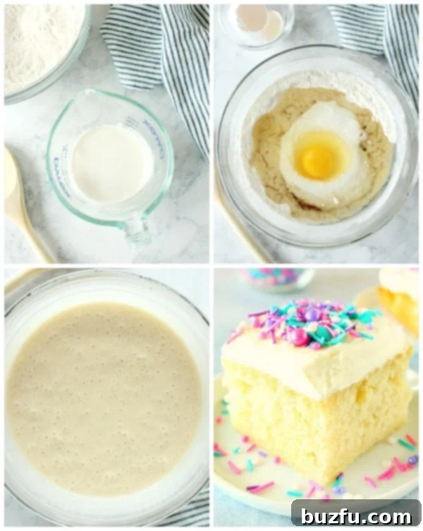 One Bowl Wonder Vanilla Cake 3 A four-panel photo collage illustrating the easy steps to make a one-bowl vanilla cake: 1. Whisking dry ingredients, 2. Adding wet ingredients, 3. Whisking until smooth, 4. Pouring batter into a pan.