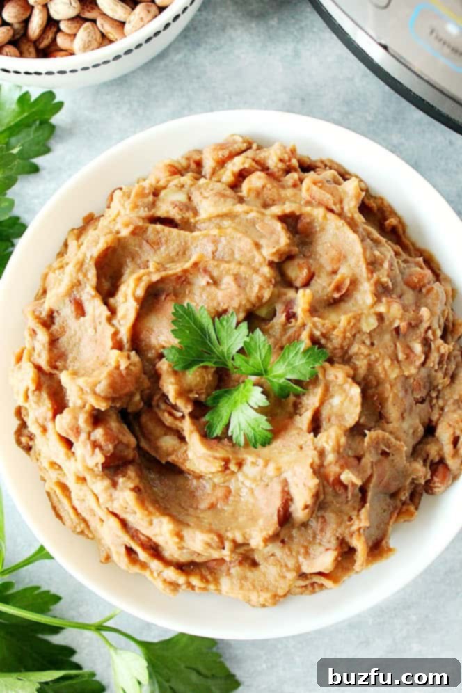 Overhead shot of refried beans in white bowl, with cilantro leave on top.