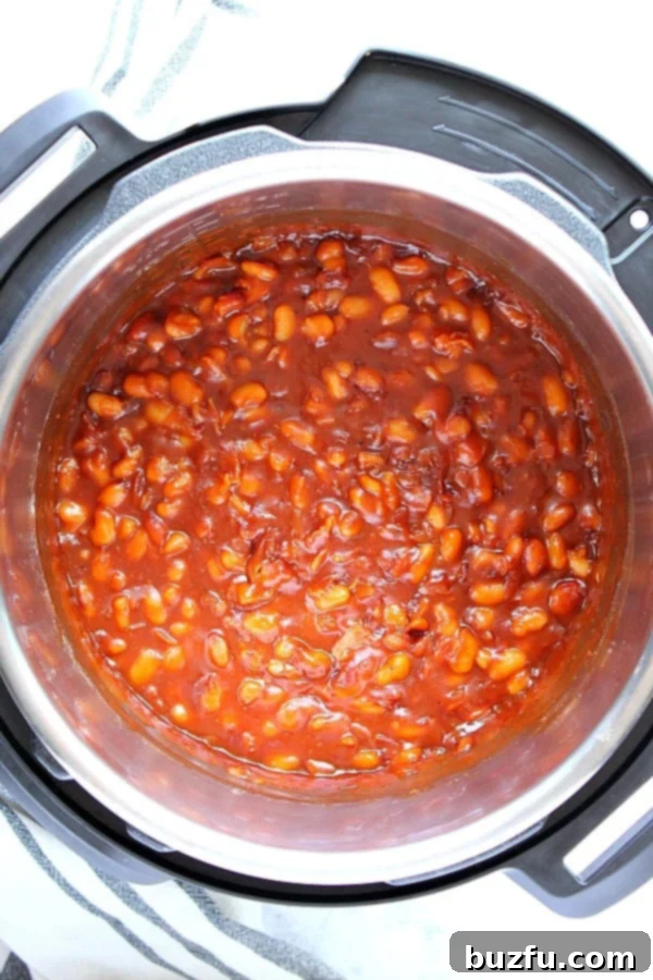 Overhead shot of baked beans in Instant Pot.