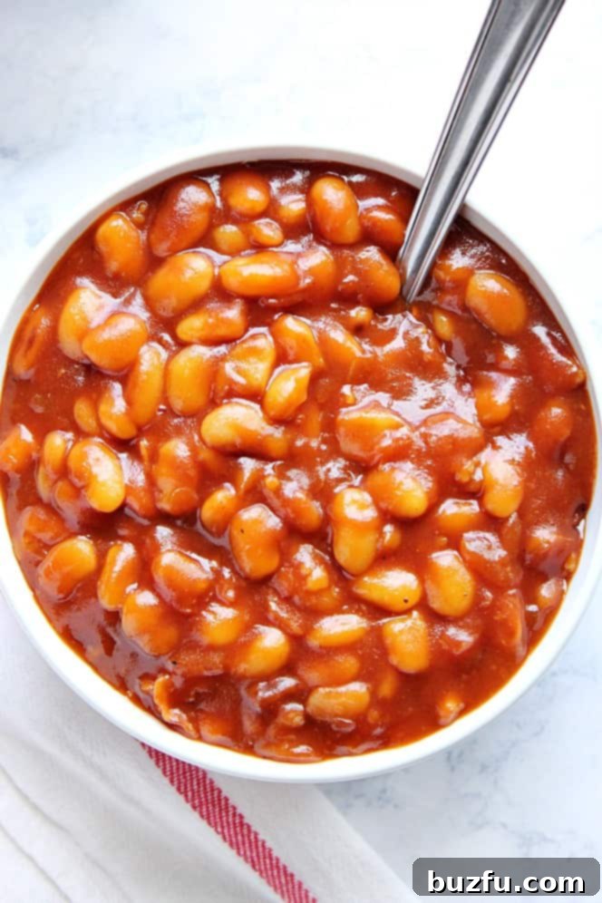 Overhead shot of baked beans in white bowl with spoon.