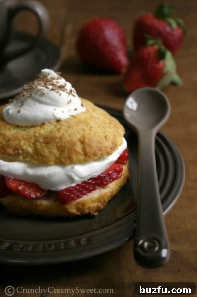 Delicious Strawberry Shortcake with fresh berries and cream. Close up shot of a fluffy shortcake layered with fresh strawberry slices and a generous dollop of whipped cream, ready to be enjoyed.