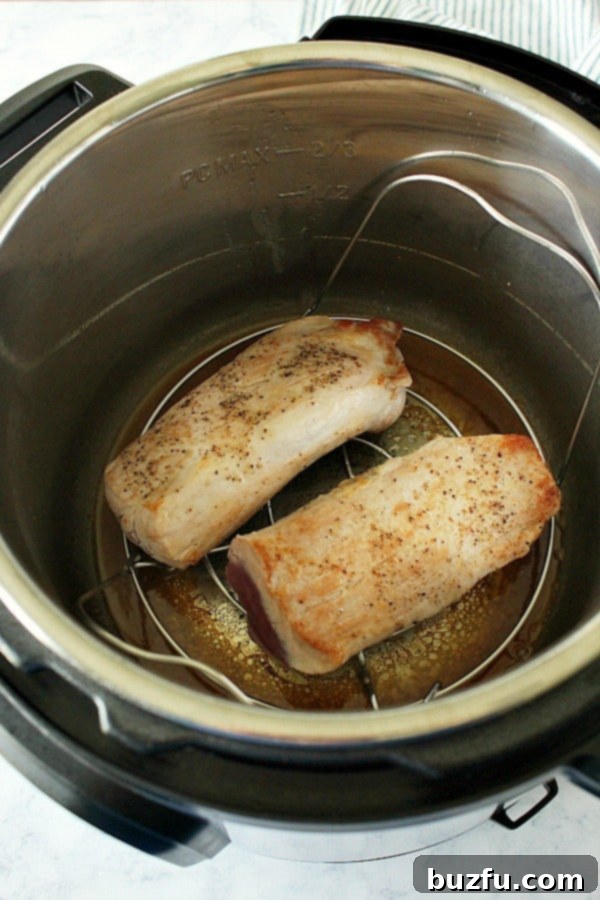 How to Pressure Cook Pork Tenderloin in the Instant Pot Overhead shot of two pieces of pork tenderloin in the Instant Pot, on a trivet, ready for pressure cooking.