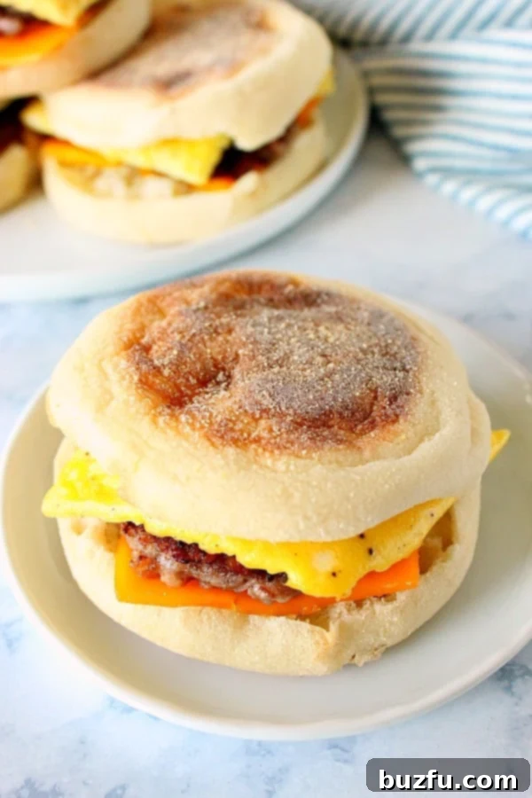 Delicious homemade freezer breakfast sandwich with egg, sausage, and cheese on an English muffin, ready to eat on a white plate.