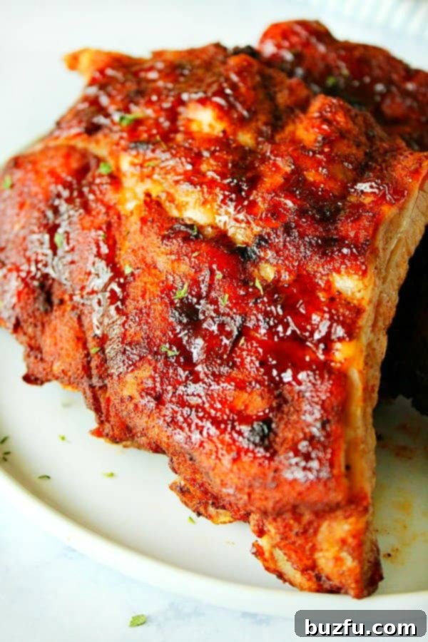 Close-up shot of perfectly cooked baby back ribs on a plate, glistening with BBQ sauce.