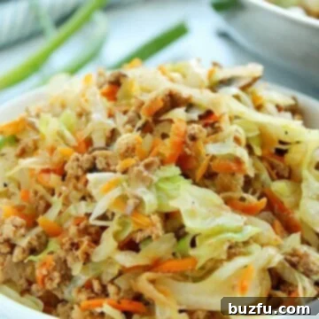 Side shot of egg roll filling in a bowl.