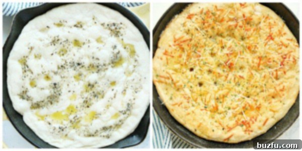 Learn how to make Skillet Focaccia. Step 3 and 4 to make Skillet Focaccia.