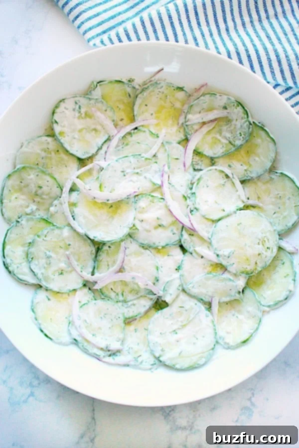A serving of Creamy Cucumber Salad in a smaller white bowl, garnished with fresh dill.