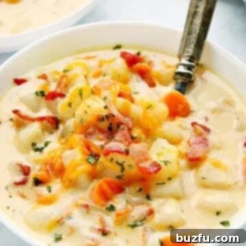 Instant Pot Potato Soup in a white bowl with spoon.