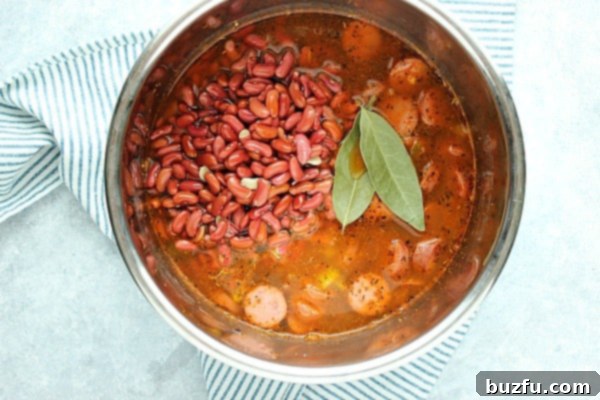 Red beans and vegetable stock in the pressure cooker.