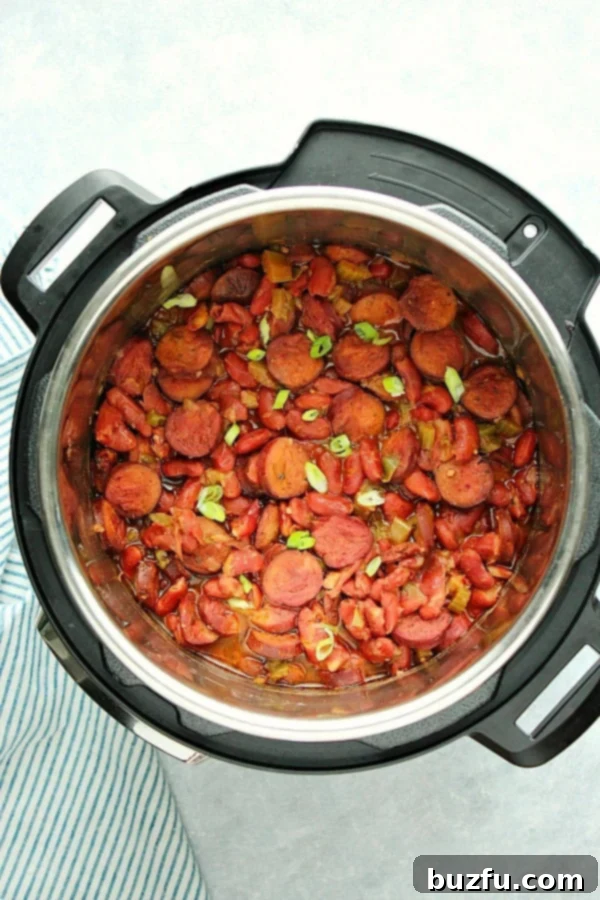 Creamy Instant Pot Red Beans and Rice inside the pressure cooker pot.
