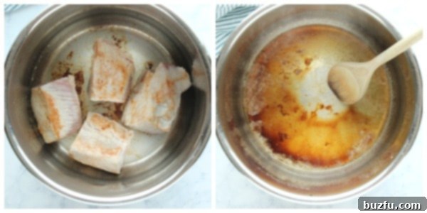 Step-by-step visuals showing pork roast cut into pieces and seasoned with sea salt, then browning the pork in the Instant Pot prior to pressure cooking.