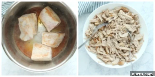Images showing seasoned pork in the Instant Pot before cooking, and then the finished pulled pork served on a white plate after cooking.