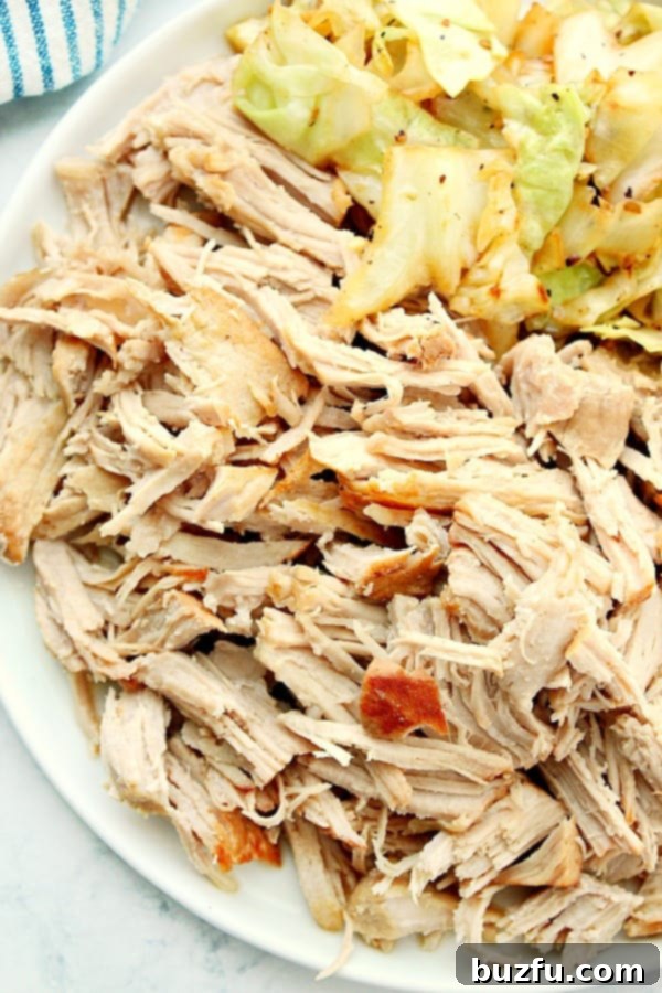 Close-up of shredded Kalua Pork on a white plate, garnished with fresh cilantro and served alongside a vibrant green cabbage.