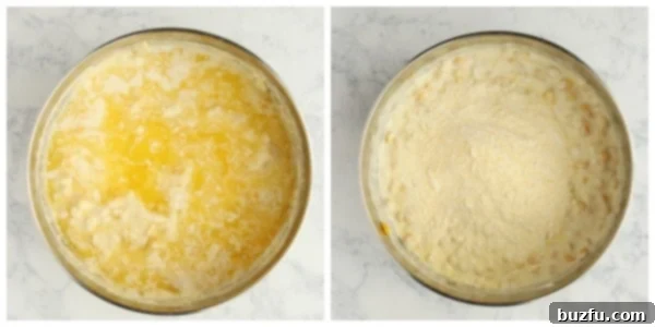 Creamy Sweet Corn Bake 3 Adding melted butter and cornbread mix to corn mixture.