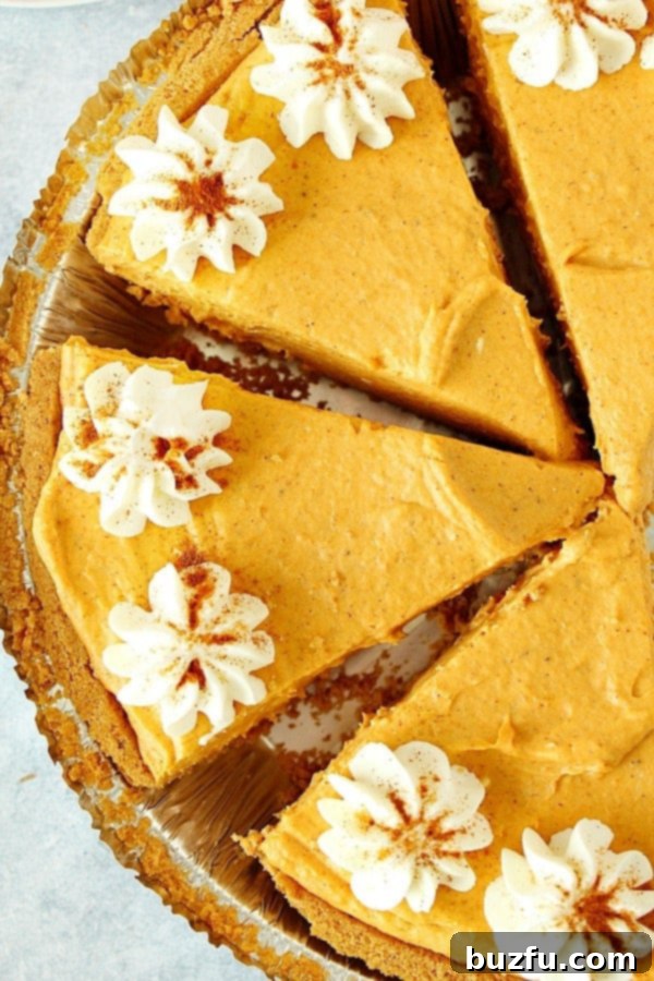 A perfectly sliced No-Bake Pumpkin Pie, revealing its creamy texture and rich color, ready to be served from a pie plate.