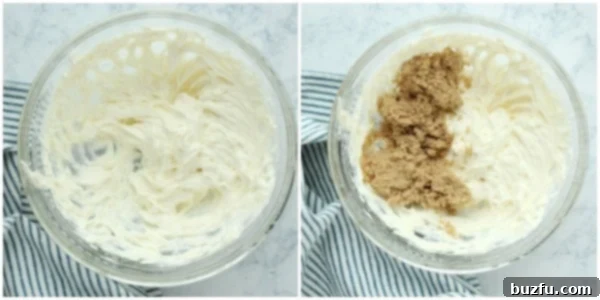 Beating softened cream cheese until creamy in a large mixing bowl.
