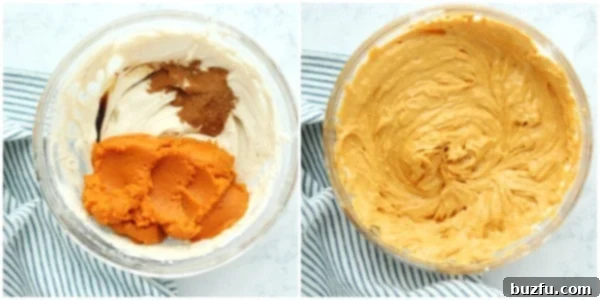 Pumpkin puree, spices, and vanilla being added to the cream cheese mixture and beaten until smooth.