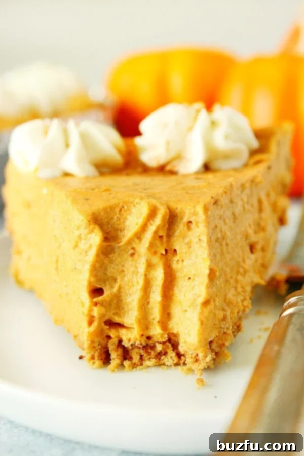 A pristine slice of No-Bake Pumpkin Pie, showcasing its smooth filling and graham cracker crust, presented on a white plate with a fork.