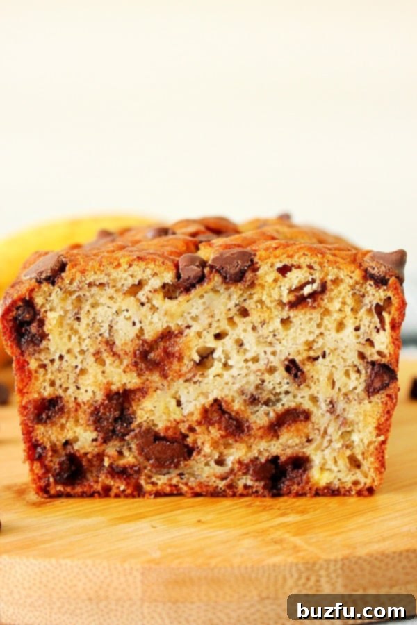 Easy One Bowl Banana Bread - Incredibly moist bread packed with chocolate chips, perfect for using ripe bananas! A close-up view of a freshly baked, moist banana bread loaf, sliced to reveal an abundance of melted chocolate chips and its tender crumb, resting on a rustic wooden cutting board.