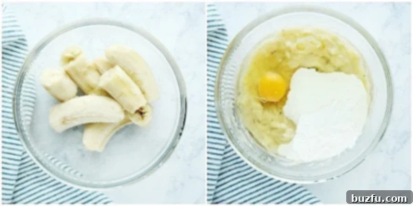 Simple Wet Ingredients for Easy One Bowl Banana Bread A glass mixing bowl containing mashed ripe bananas with freshly cracked egg and creamy buttermilk, ready to be whisked together for banana bread batter.