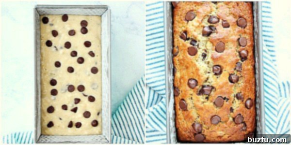 Baked to Perfection: Moist One Bowl Banana Bread A sequence of images showing banana bread batter in a loaf pan, topped with chocolate chips, followed by the perfectly golden-brown, baked banana bread still in its pan.