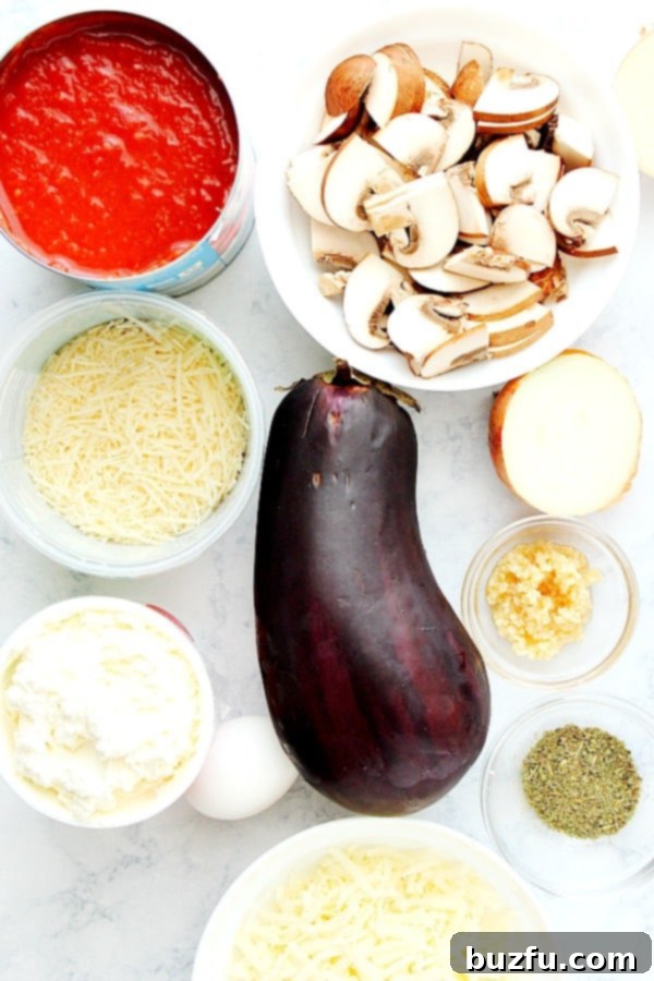 All the fresh vegetables and cheeses you need to make homemade Eggplant Lasagna. Assortment of fresh ingredients for eggplant lasagna arranged on a marble board.
